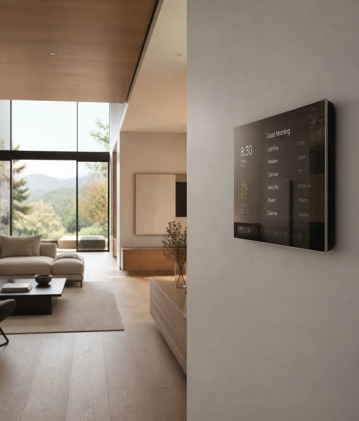 A living room with a Circles of Knowledge control panel on the wall